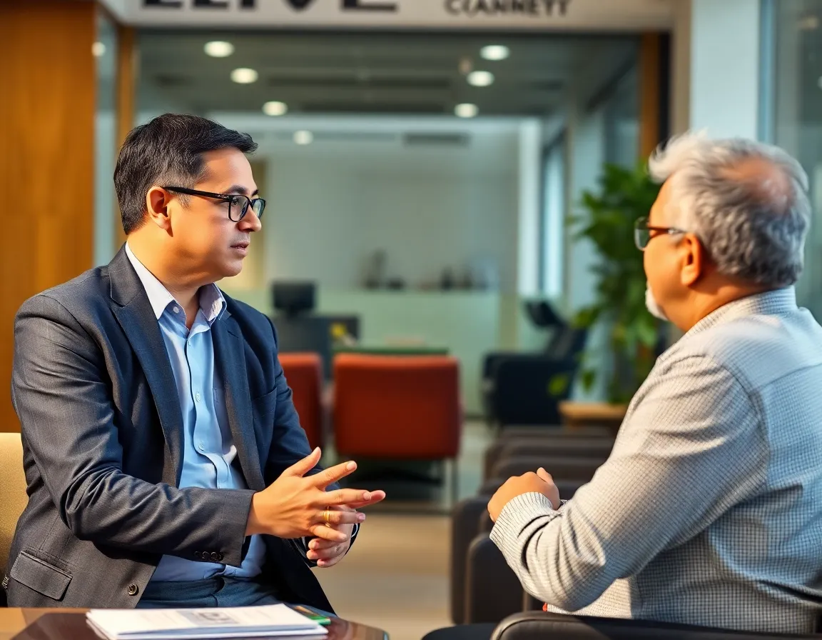 Senior advisor speaking with clients in Mumbai